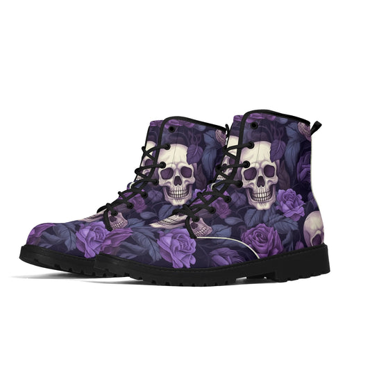 "Treadz Gothic Garden ankle boots with skulls and purple flowers, waterproof construction, and cushioned comfort by ShitHot."