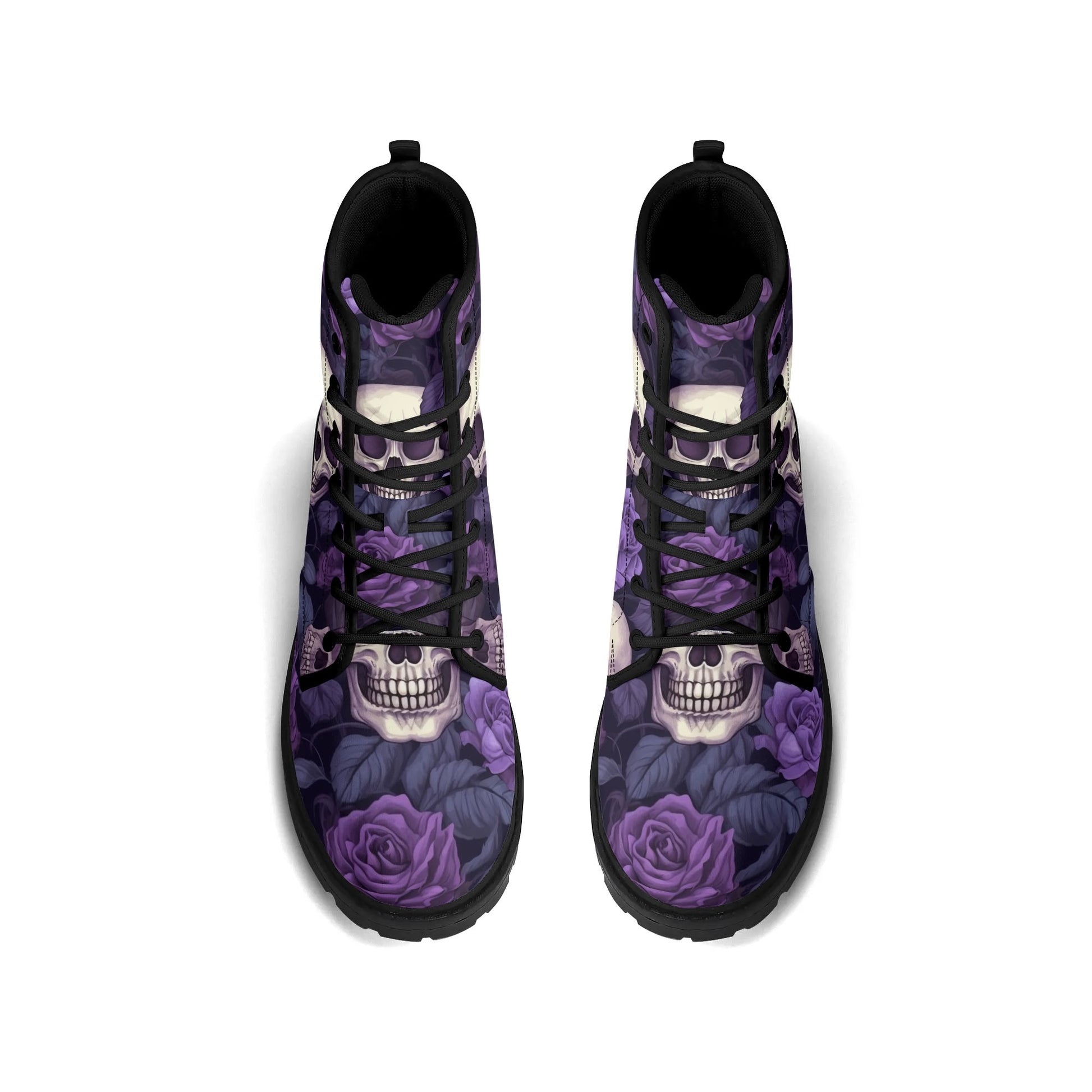 "Treadz Gothic Garden ankle boots with skulls and purple flowers, waterproof construction, and cushioned comfort by ShitHot."