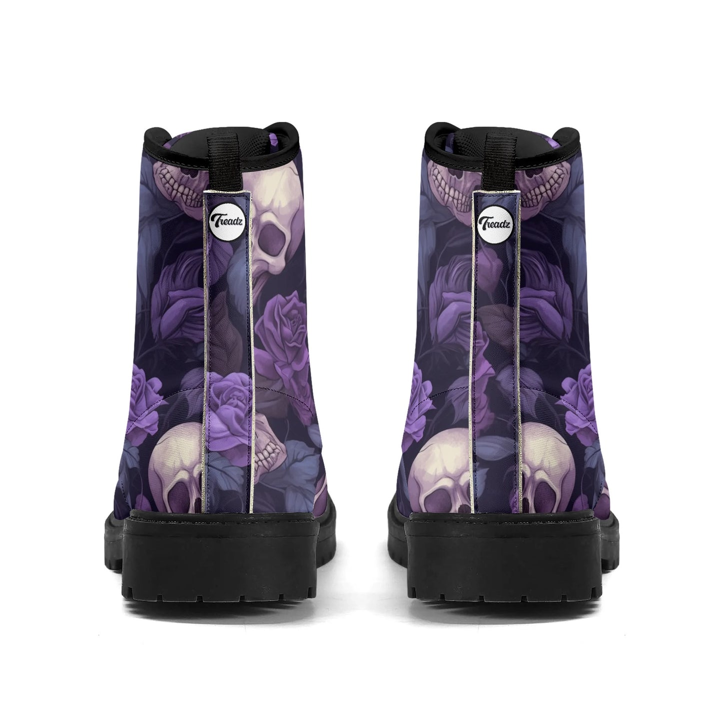 "Treadz Gothic Garden ankle boots with skulls and purple flowers, waterproof construction, and cushioned comfort by ShitHot."