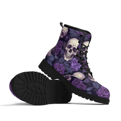 "Treadz Gothic Garden ankle boots with skulls and purple flowers, waterproof construction, and cushioned comfort by ShitHot."