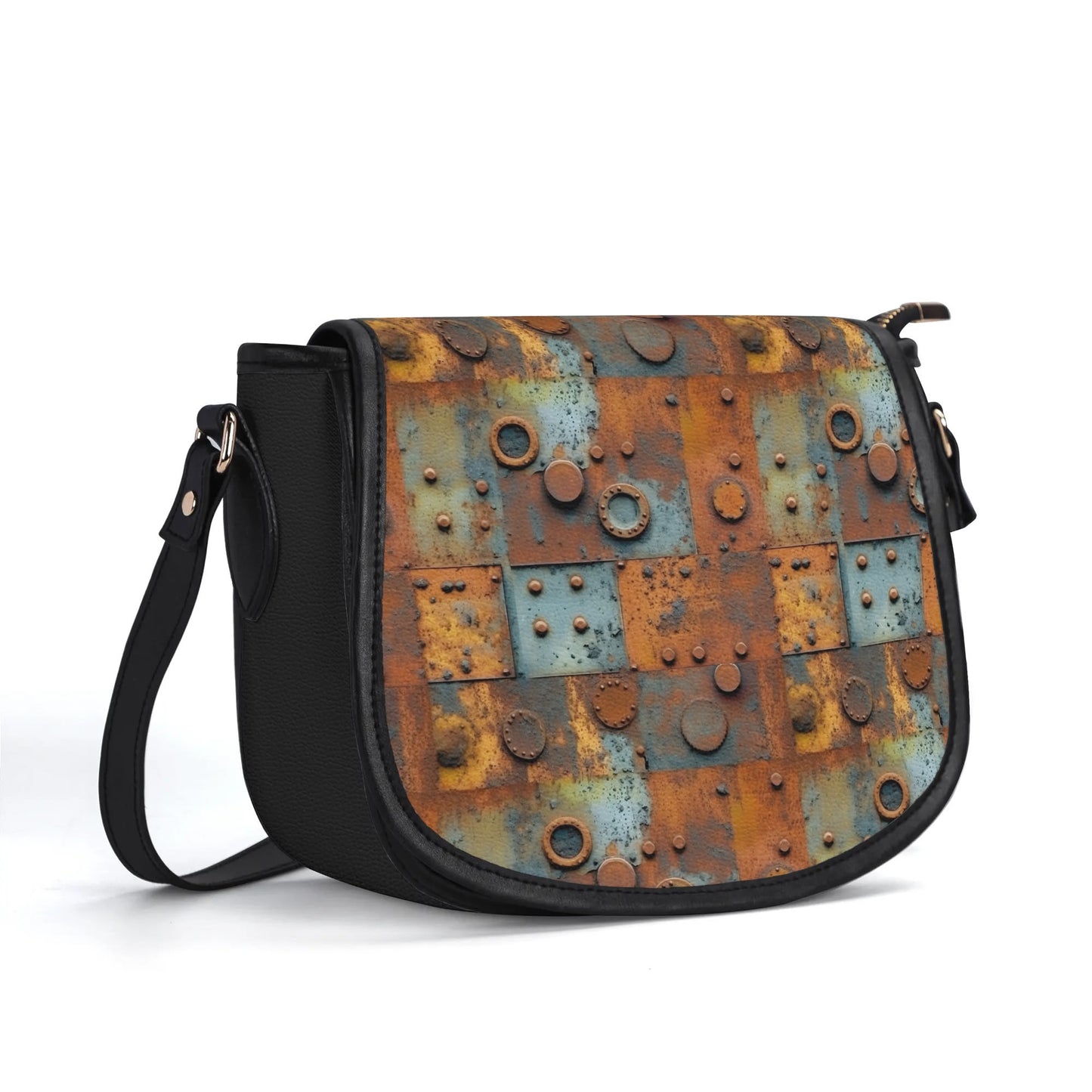 "Pock-It Saddle Handbag - Metal Head by ShitHot features oxidized panels, metal accents, and adjustable strap."