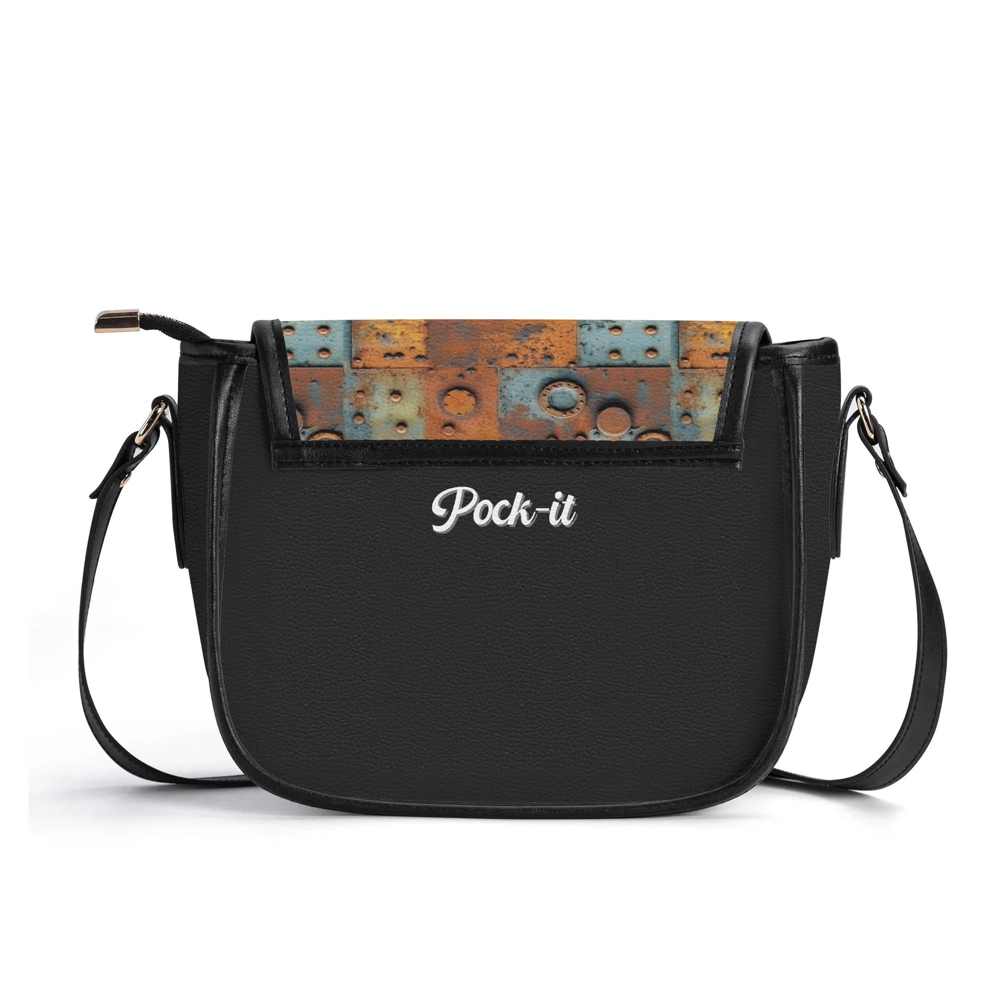 "Pock-It Saddle Handbag - Metal Head by ShitHot features oxidized panels, metal accents, and adjustable strap."