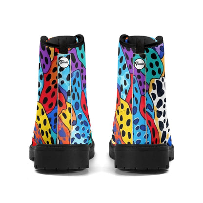 "Treadz Wild Cheetah ankle boots with vibrant neon print, waterproof, and slip-resistant grip by ShitHot."