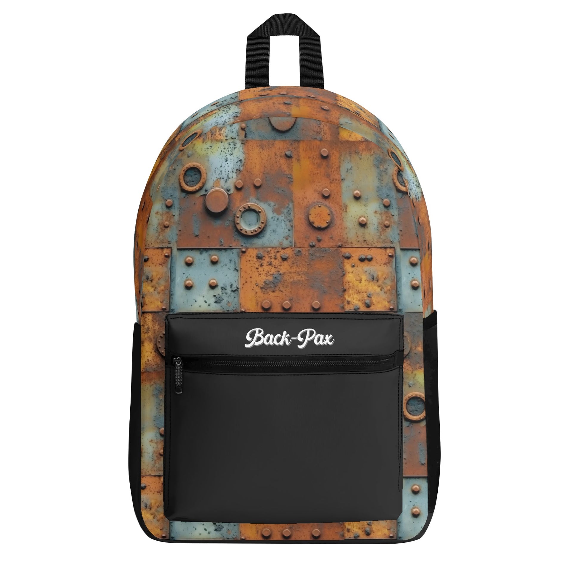 "Metal Head Backpack features unique oxidized panels and metal circles for an edgy, contemporary design."