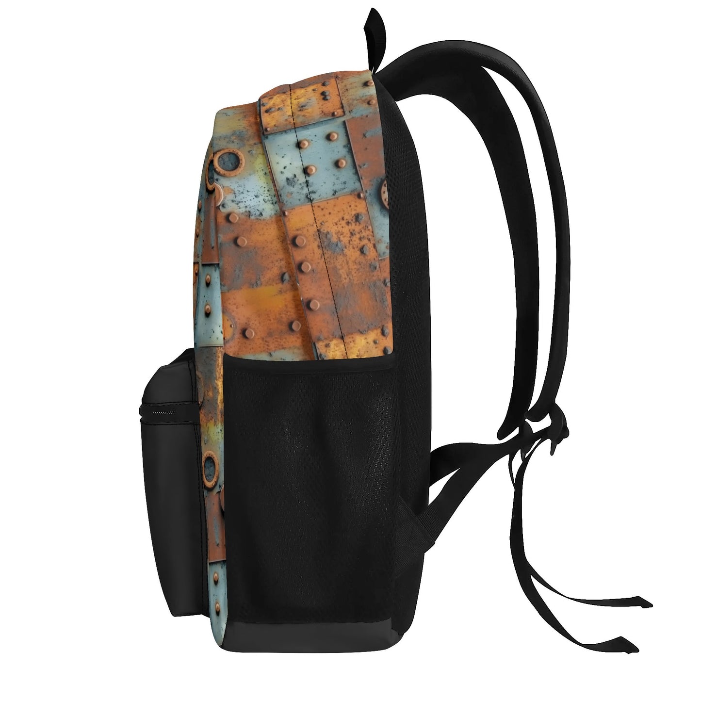 "Metal Head Backpack features unique oxidized panels and metal circles for an edgy, contemporary design."