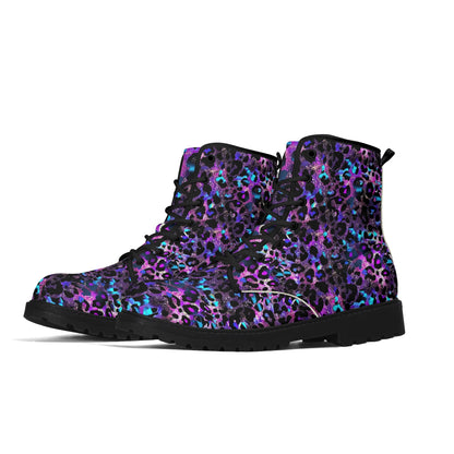 "Treadz Futuristic Leopard ankle boots with neon blue and purple print, waterproof, and all-day comfort by ShitHot."