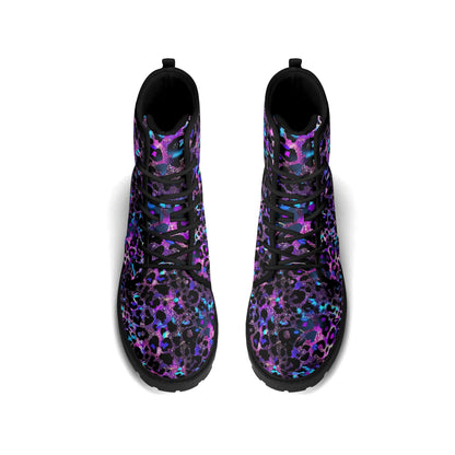 "Treadz Futuristic Leopard ankle boots with neon blue and purple print, waterproof, and all-day comfort by ShitHot."