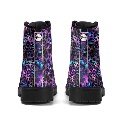 "Treadz Futuristic Leopard ankle boots with neon blue and purple print, waterproof, and all-day comfort by ShitHot."