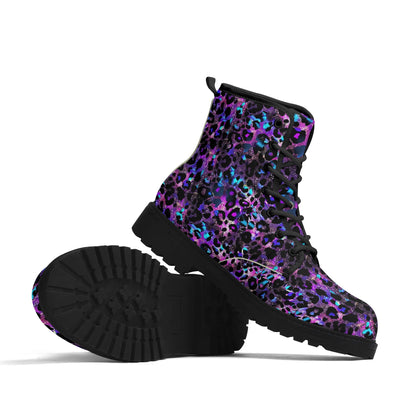 "Treadz Futuristic Leopard ankle boots with neon blue and purple print, waterproof, and all-day comfort by ShitHot."