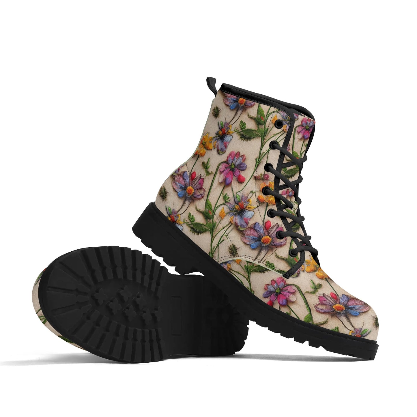 "Treadz Wildflower ankle boots featuring stunning 3D flower illusion, waterproof, and cushioned comfort by ShitHot."