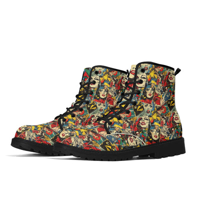 "Treadz Comic Strip ankle boots featuring fun comic-style prints, waterproof, and cushioned support by ShitHot."