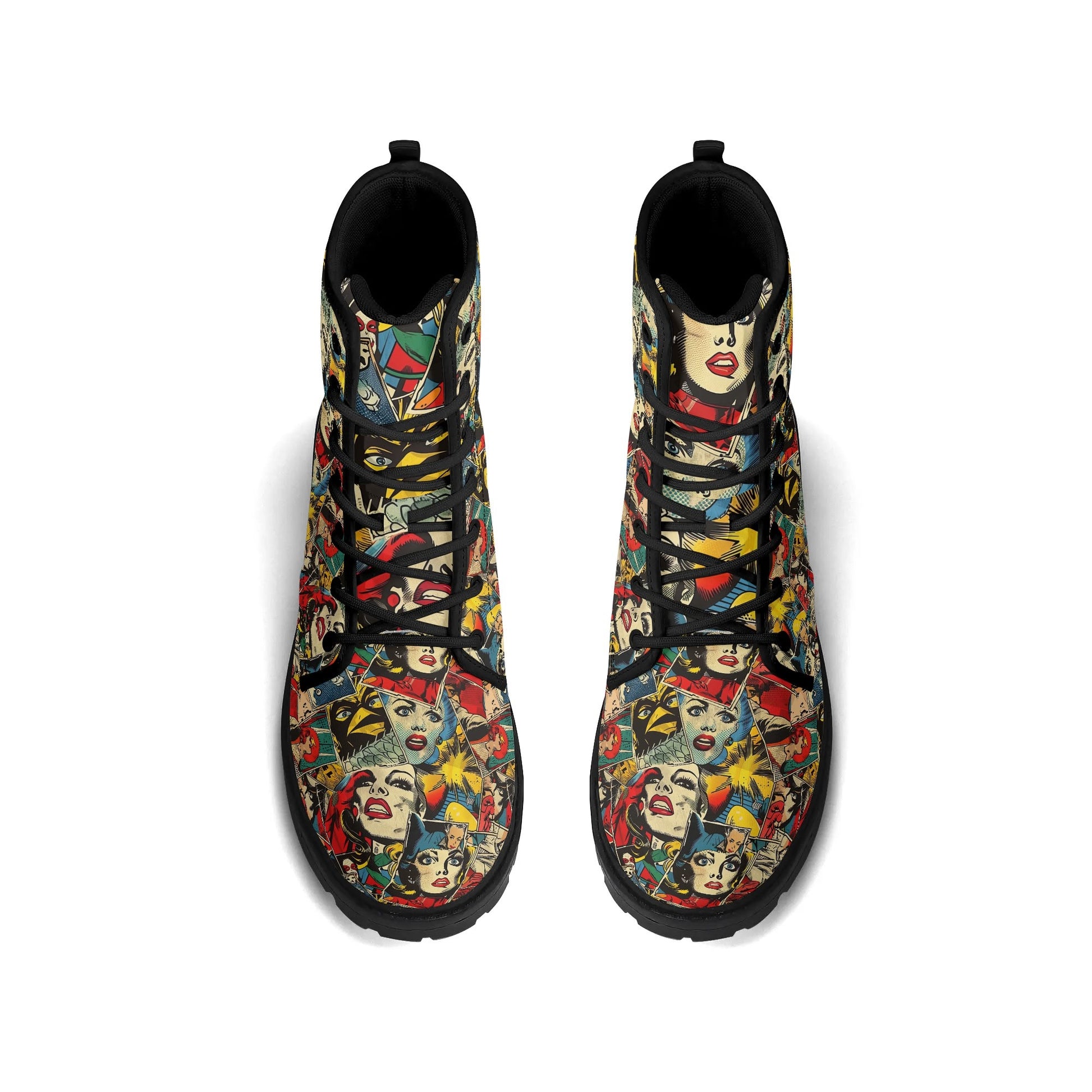 "Treadz Comic Strip ankle boots featuring fun comic-style prints, waterproof, and cushioned support by ShitHot."