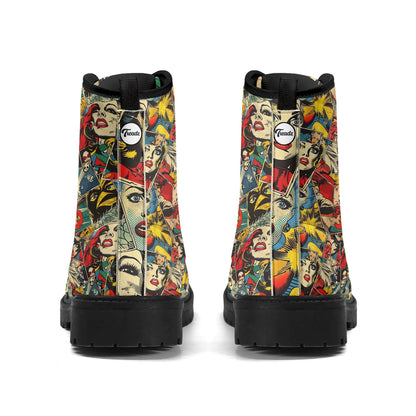 "Treadz Comic Strip ankle boots featuring fun comic-style prints, waterproof, and cushioned support by ShitHot."