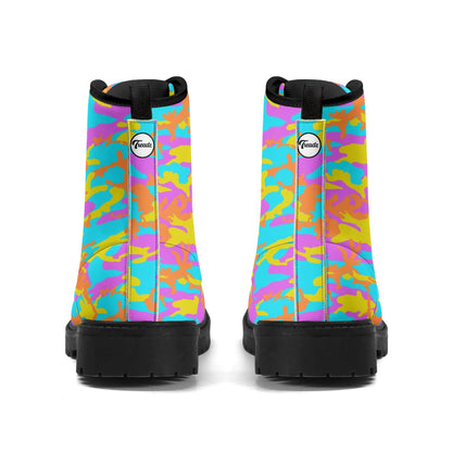 "Treadz Thunder Camo ankle boots featuring vibrant camo colors, waterproof, and all-day comfort by ShitHot."