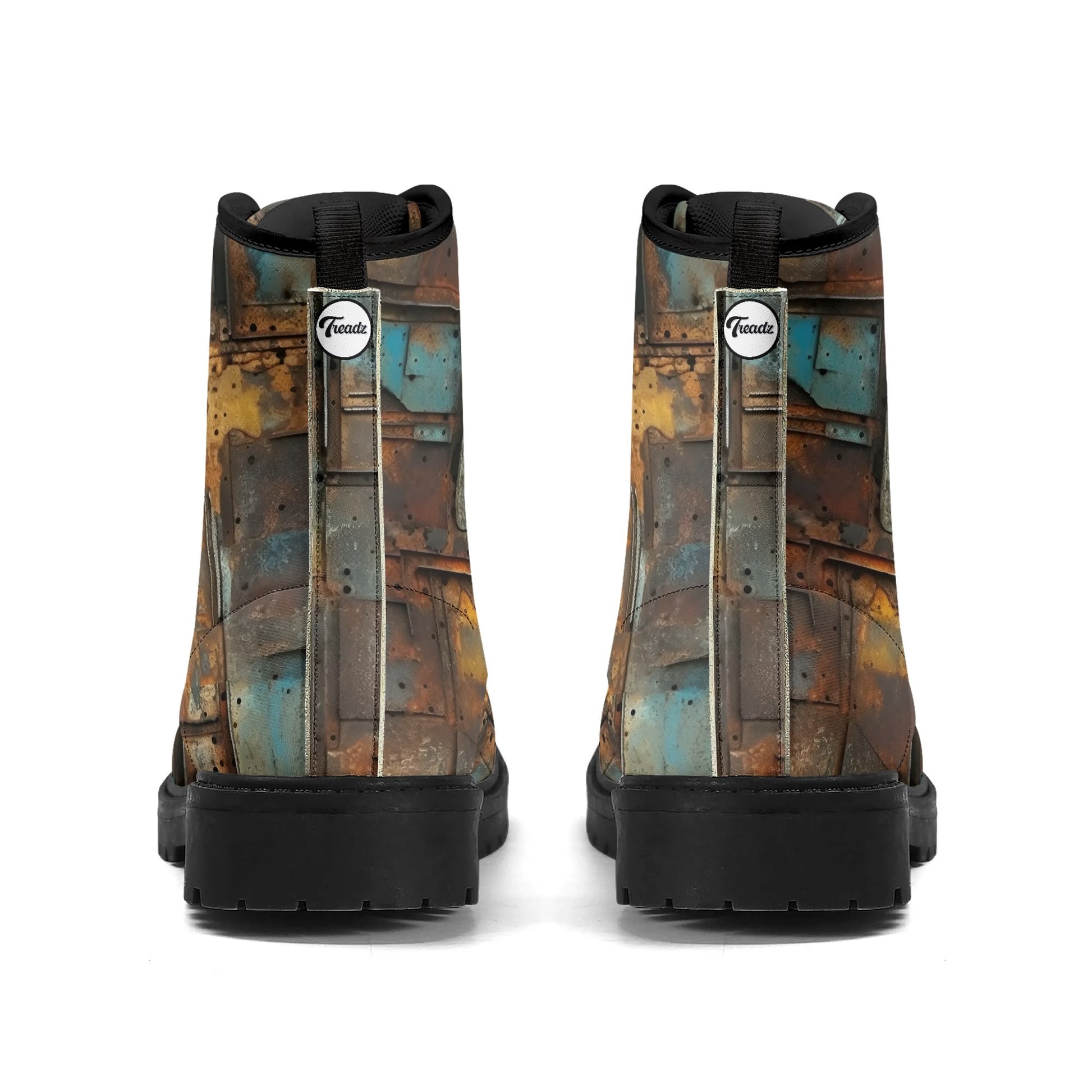 "Treadz Full Metal ankle boots with oxidized metal pattern, waterproof, and cushioned support by ShitHot."