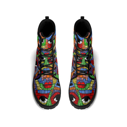 "Treadz The Picasso ankle boots with vibrant mosaic design, waterproof, and cushioned insoles by ShitHot."