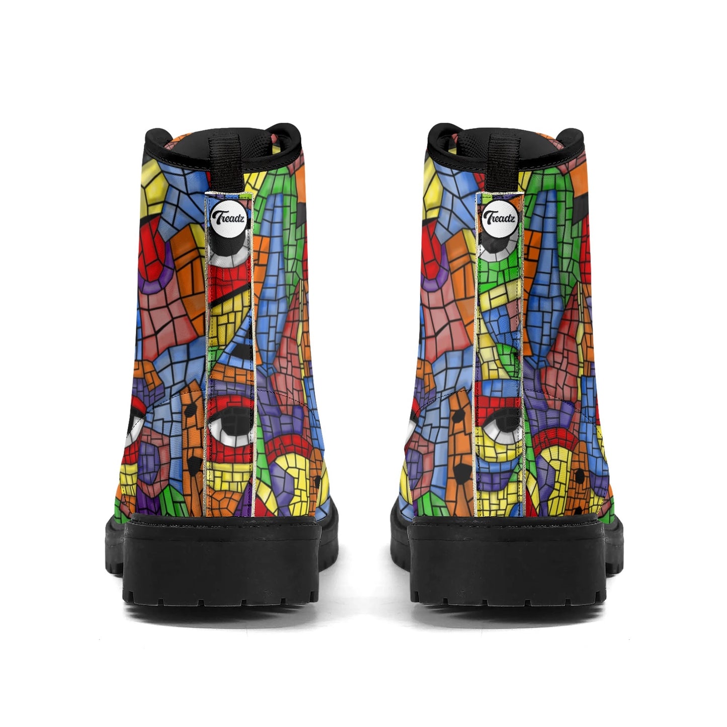 "Treadz The Picasso ankle boots with vibrant mosaic design, waterproof, and cushioned insoles by ShitHot."