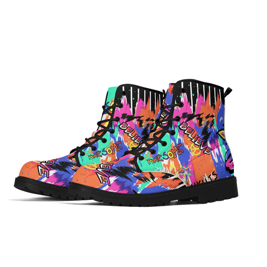 "Treadz Urban Graffiti ankle boots with vibrant graffiti patches, waterproof, and all-day support by ShitHot."