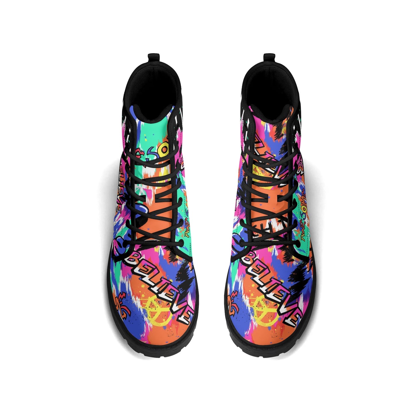 "Treadz Urban Graffiti ankle boots with vibrant graffiti patches, waterproof, and all-day support by ShitHot."