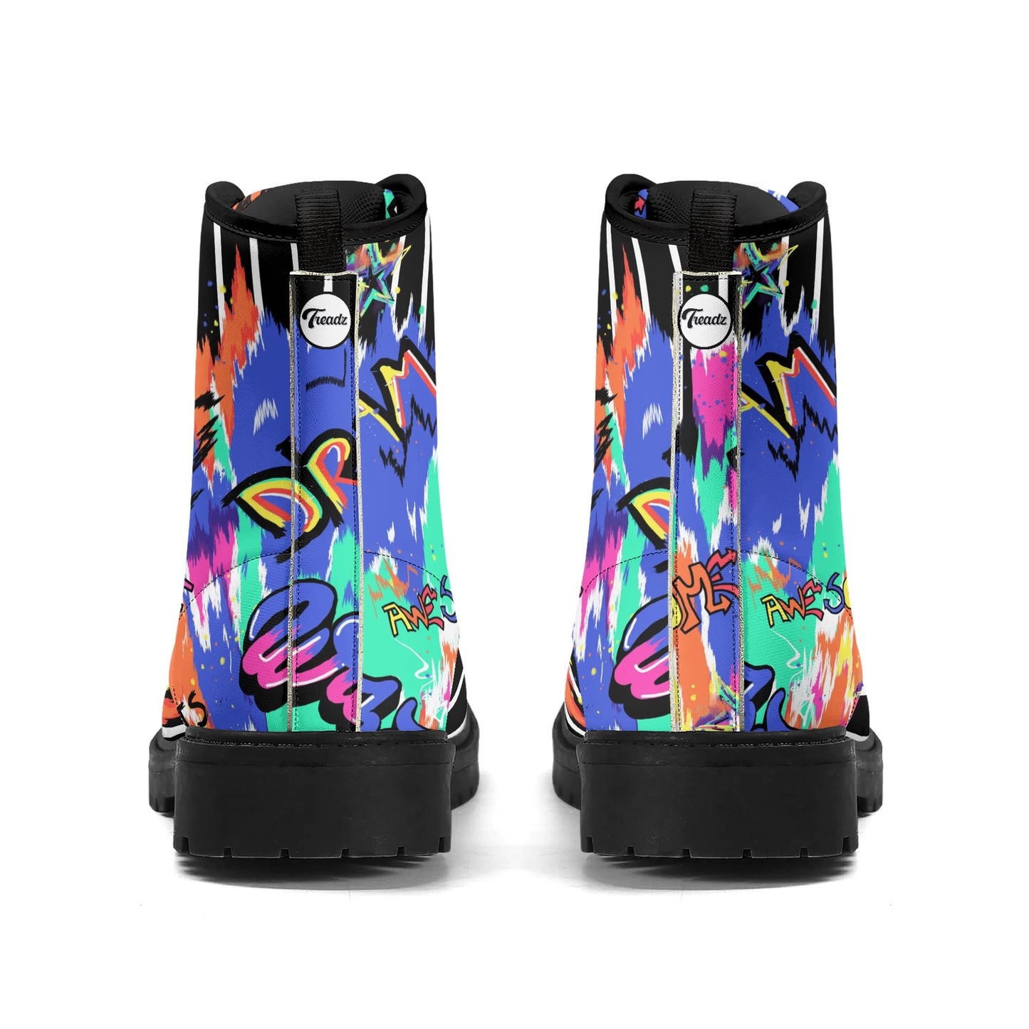 "Treadz Urban Graffiti ankle boots with vibrant graffiti patches, waterproof, and all-day support by ShitHot."