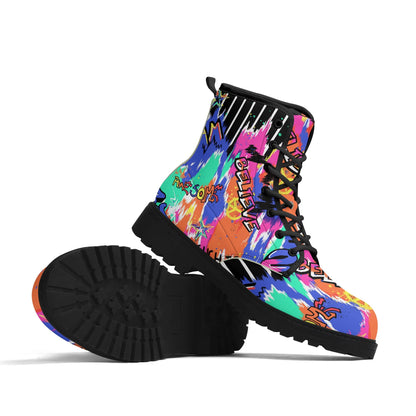 "Treadz Urban Graffiti ankle boots with vibrant graffiti patches, waterproof, and all-day support by ShitHot."