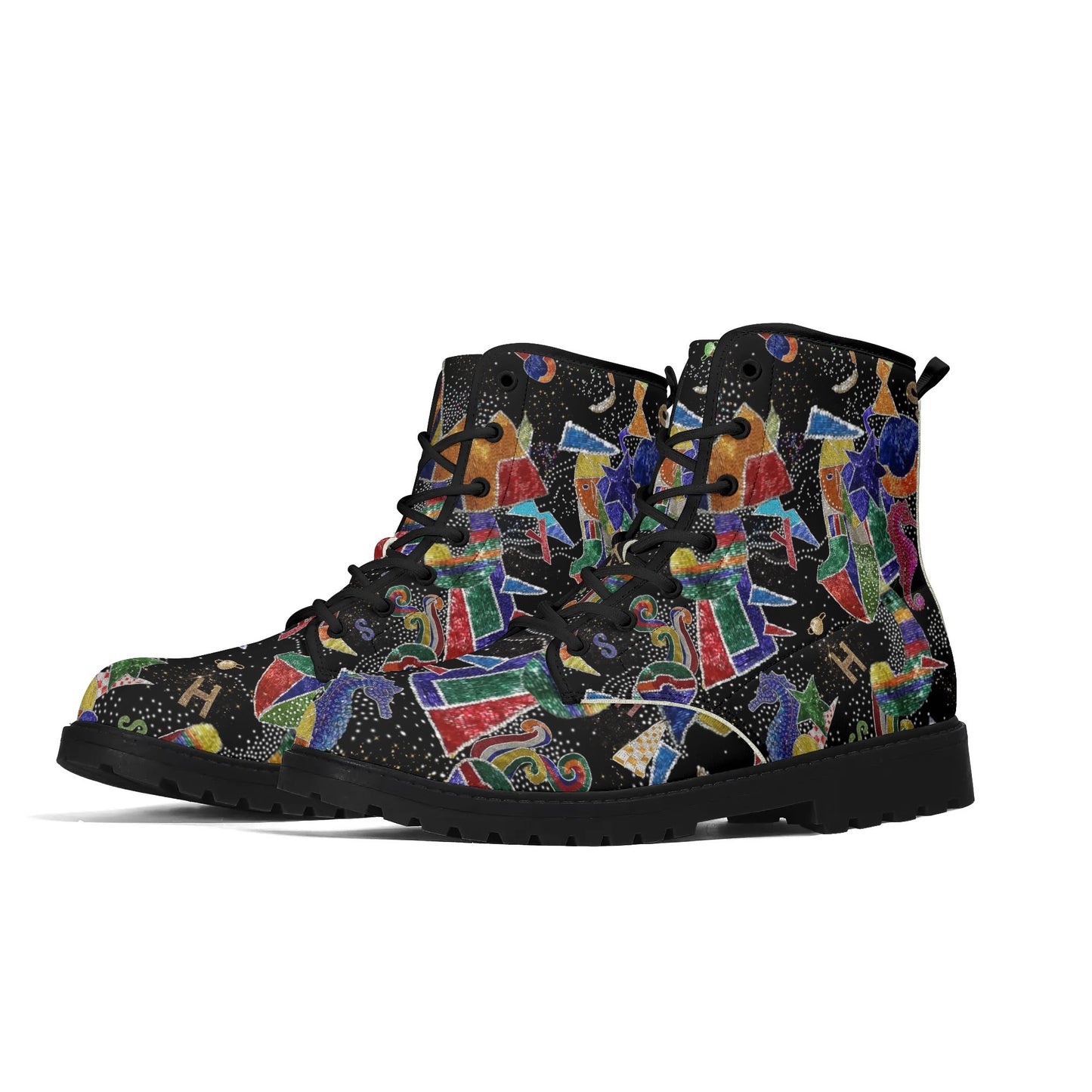 "Treadz The Jester ankle boots featuring vibrant colors and shapes, waterproof, and cushioned support by ShitHot."