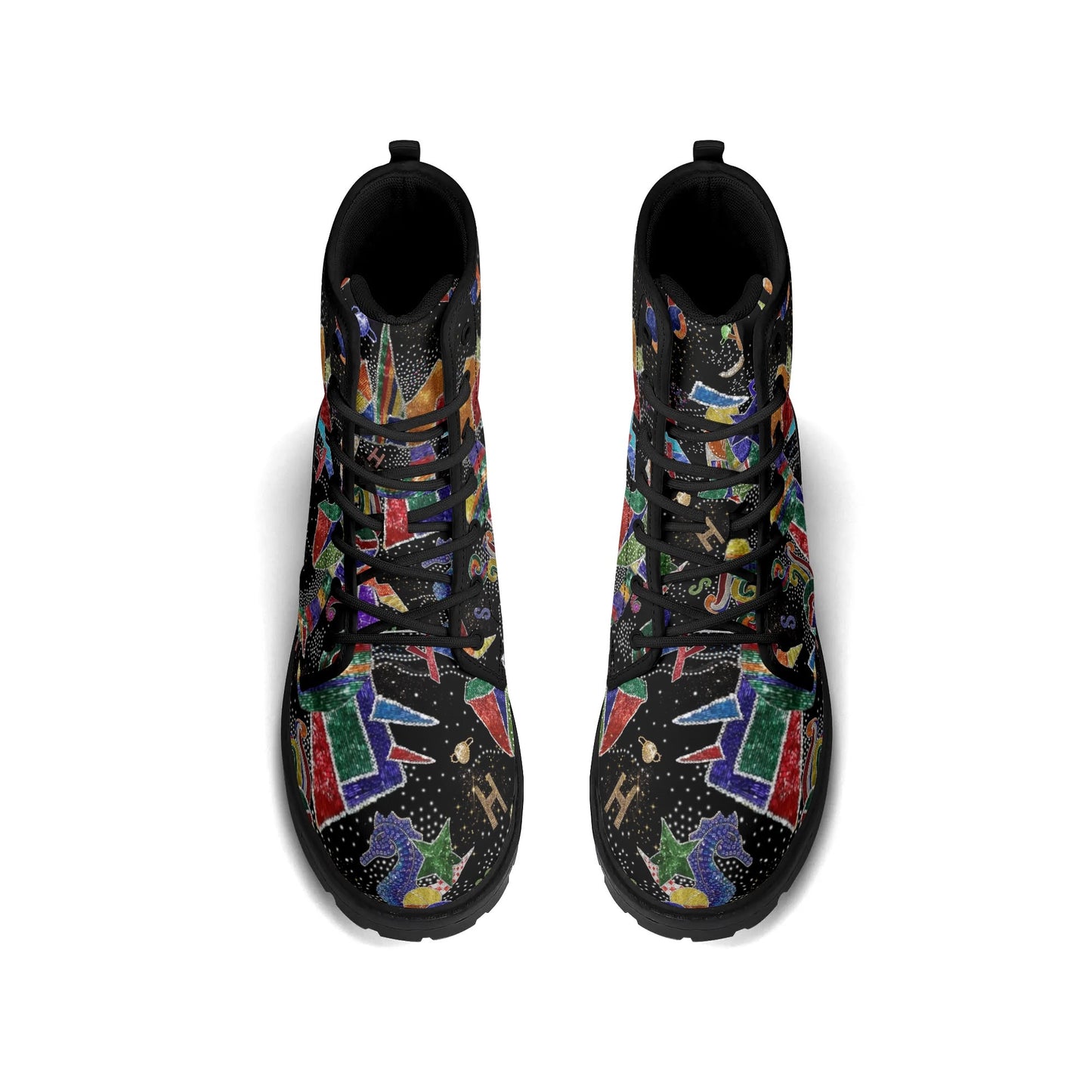 "Treadz The Jester ankle boots featuring vibrant colors and shapes, waterproof, and cushioned support by ShitHot."