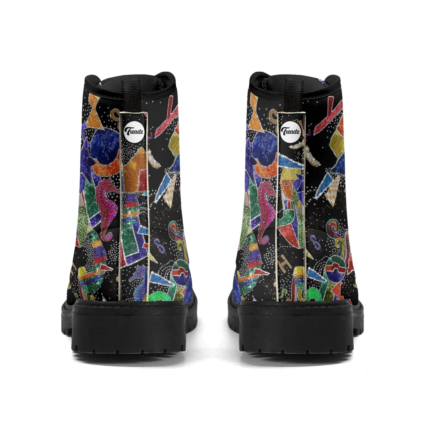 "Treadz The Jester ankle boots featuring vibrant colors and shapes, waterproof, and cushioned support by ShitHot."