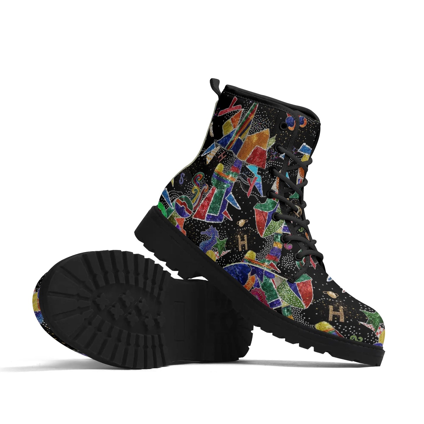 "Treadz The Jester ankle boots featuring vibrant colors and shapes, waterproof, and cushioned support by ShitHot."