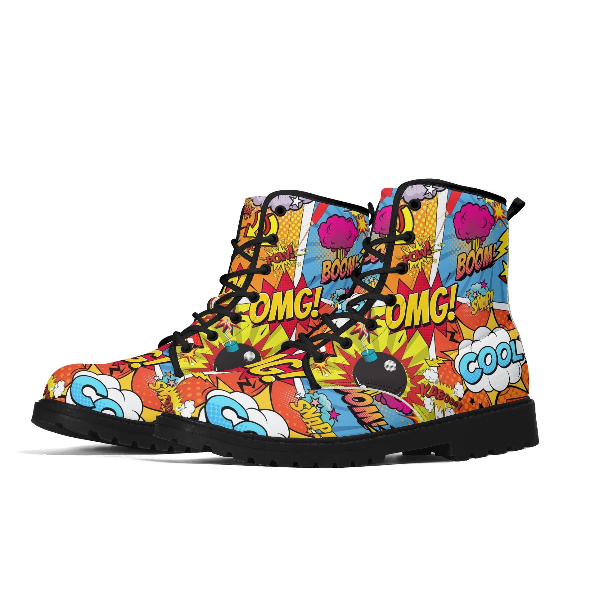 "Treadz The Comic ankle boots with vibrant comic-style prints, waterproof, and cushioned support by ShitHot."