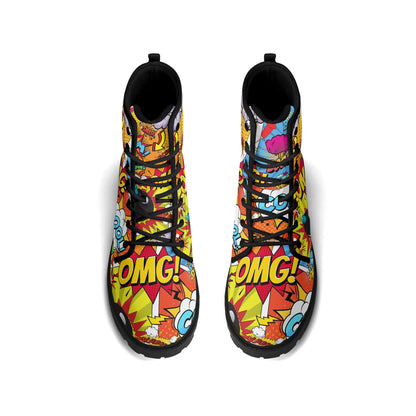 "Treadz The Comic ankle boots with vibrant comic-style prints, waterproof, and cushioned support by ShitHot."