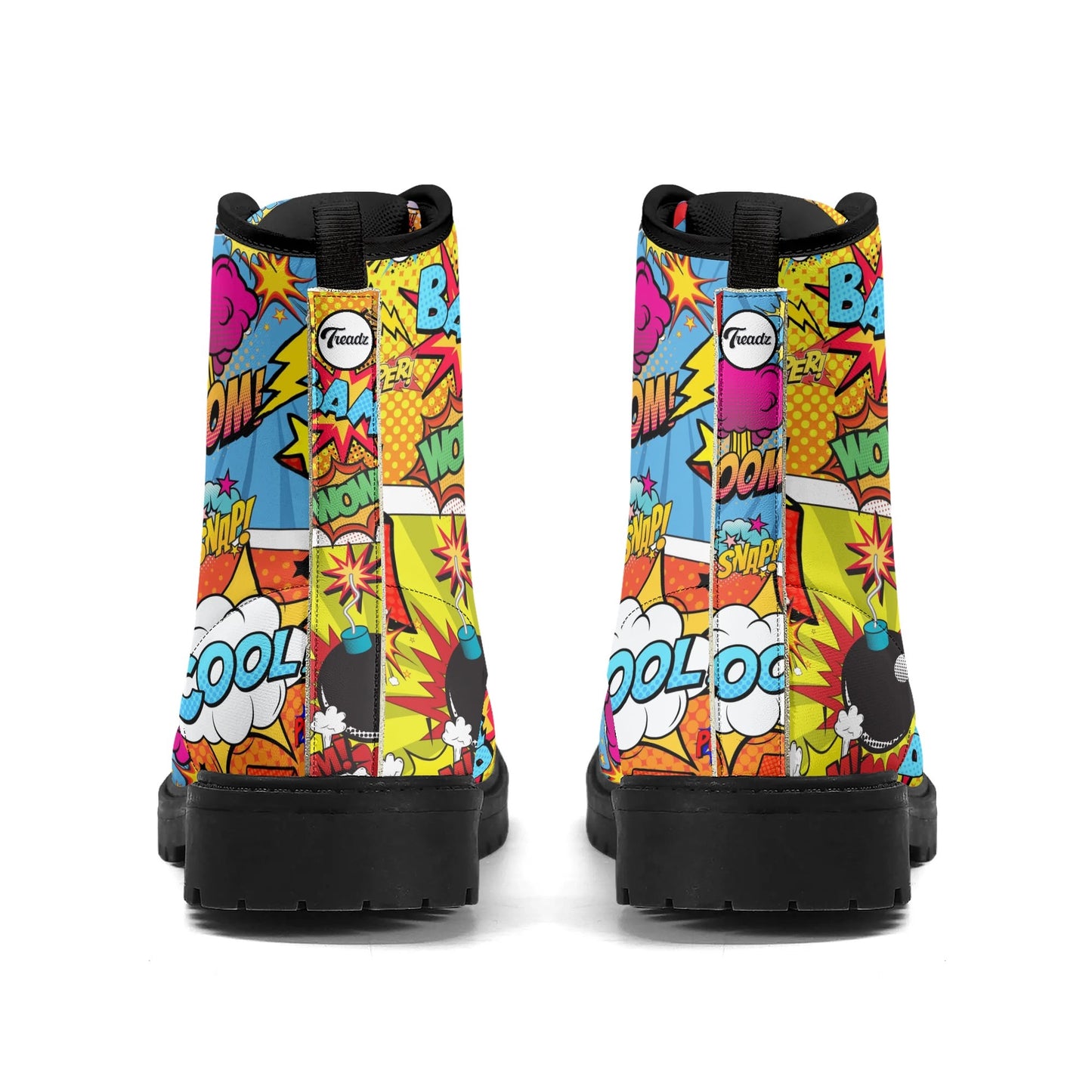 "Treadz The Comic ankle boots with vibrant comic-style prints, waterproof, and cushioned support by ShitHot."