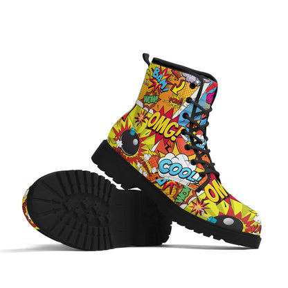 "Treadz The Comic ankle boots with vibrant comic-style prints, waterproof, and cushioned support by ShitHot."