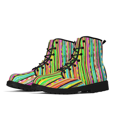 "Treadz Candy Stripe ankle boots featuring vibrant rock candy-style print, waterproof, and all-day comfort by ShitHot."