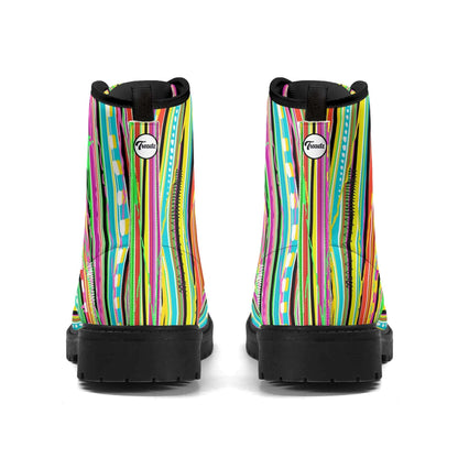 "Treadz Candy Stripe ankle boots featuring vibrant rock candy-style print, waterproof, and all-day comfort by ShitHot."