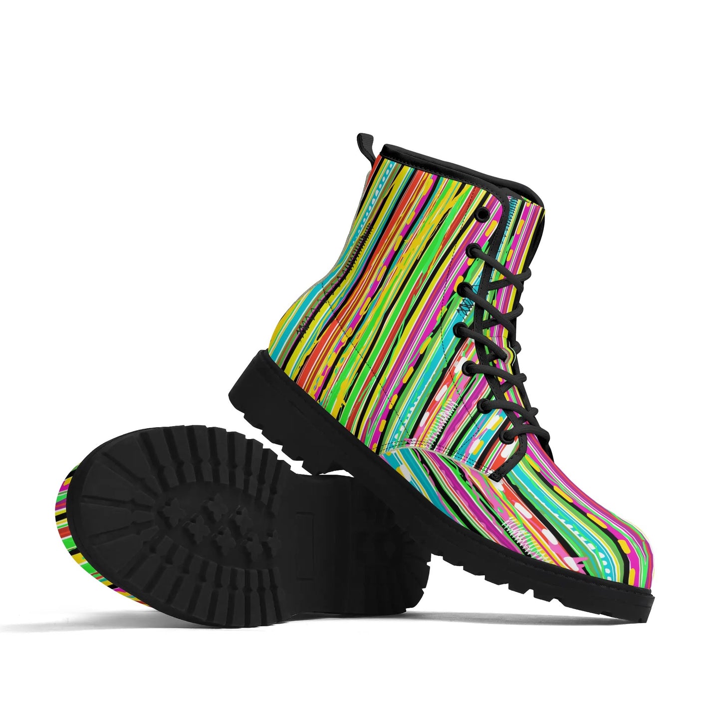 "Treadz Candy Stripe ankle boots featuring vibrant rock candy-style print, waterproof, and all-day comfort by ShitHot."