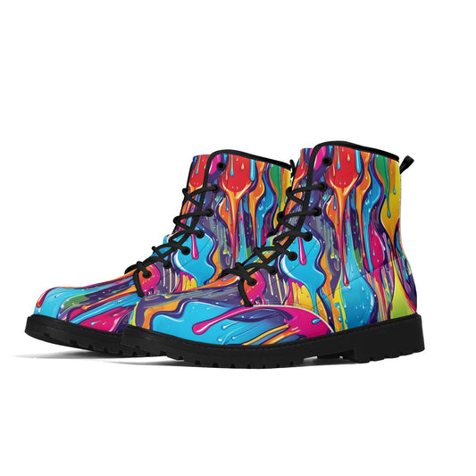 "Treadz The Dali ankle boots with surreal vibrant design, waterproof, and cushioned insoles by ShitHot."