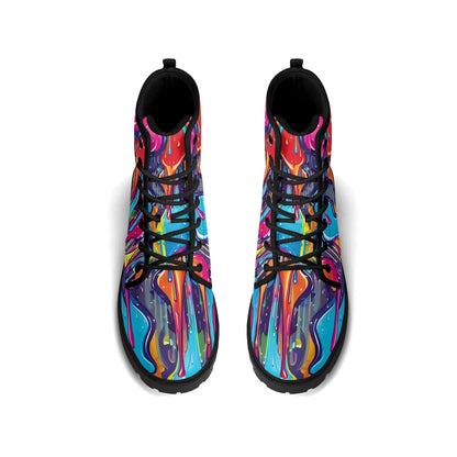 "Treadz The Dali ankle boots with surreal vibrant design, waterproof, and cushioned insoles by ShitHot."