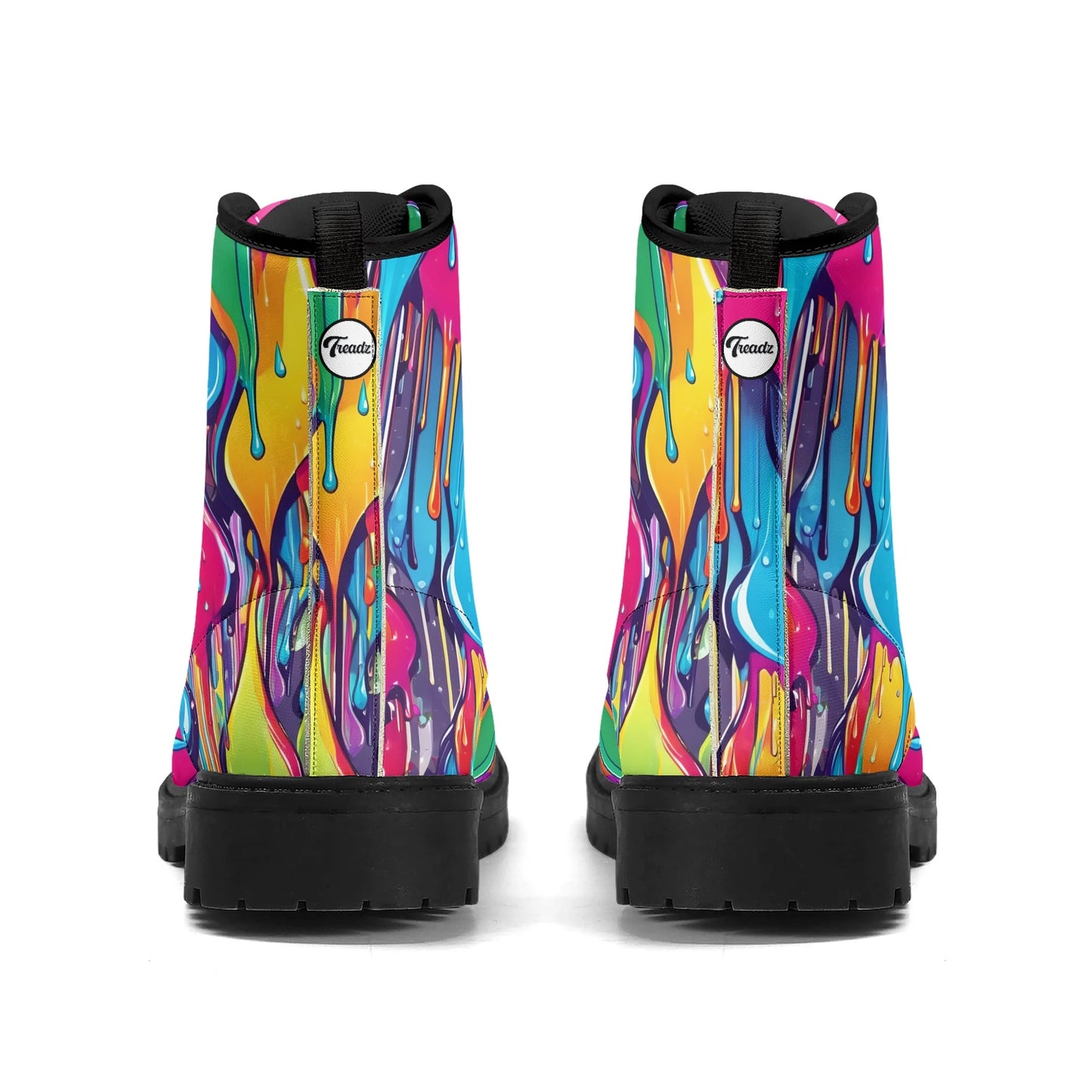 "Treadz The Dali ankle boots with surreal vibrant design, waterproof, and cushioned insoles by ShitHot."