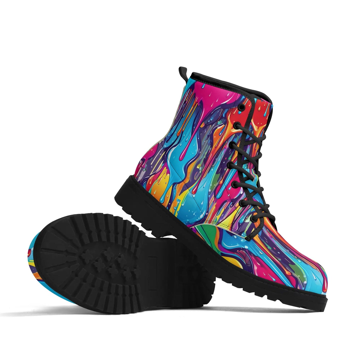 "Treadz The Dali ankle boots with surreal vibrant design, waterproof, and cushioned insoles by ShitHot."