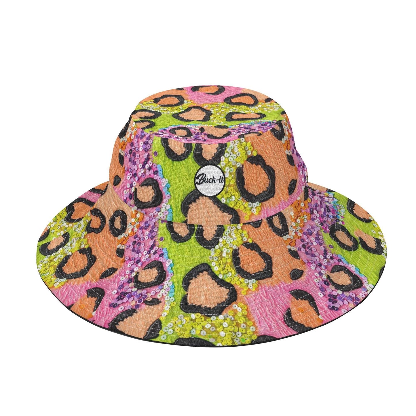 Leopard Sparkle Bucket Hat featuring vibrant multicolor animal print with glittery sequin accents, wide-brim design, and circular brand logo patch. Colorful combination of pink, green, and peach leopard spots with sparkly purple embellishments - Women's Hat Collection - Bold & Custom Designs, ShitHot Best Sellers