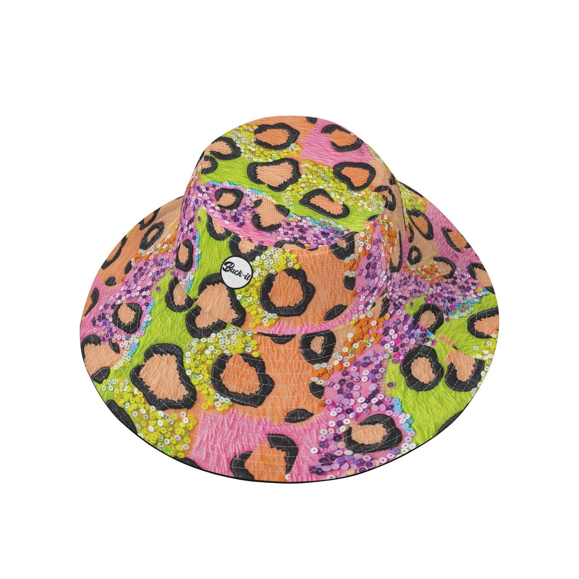 Leopard Sparkle Bucket Hat featuring vibrant pink, green, and tan animal print pattern with glittering sequin accents. Wide-brimmed summer hat with bold leopard spots and sparkly embellishments. Women's Hat Collection - Bold & Custom Designs, ShitHot Best Sellers.