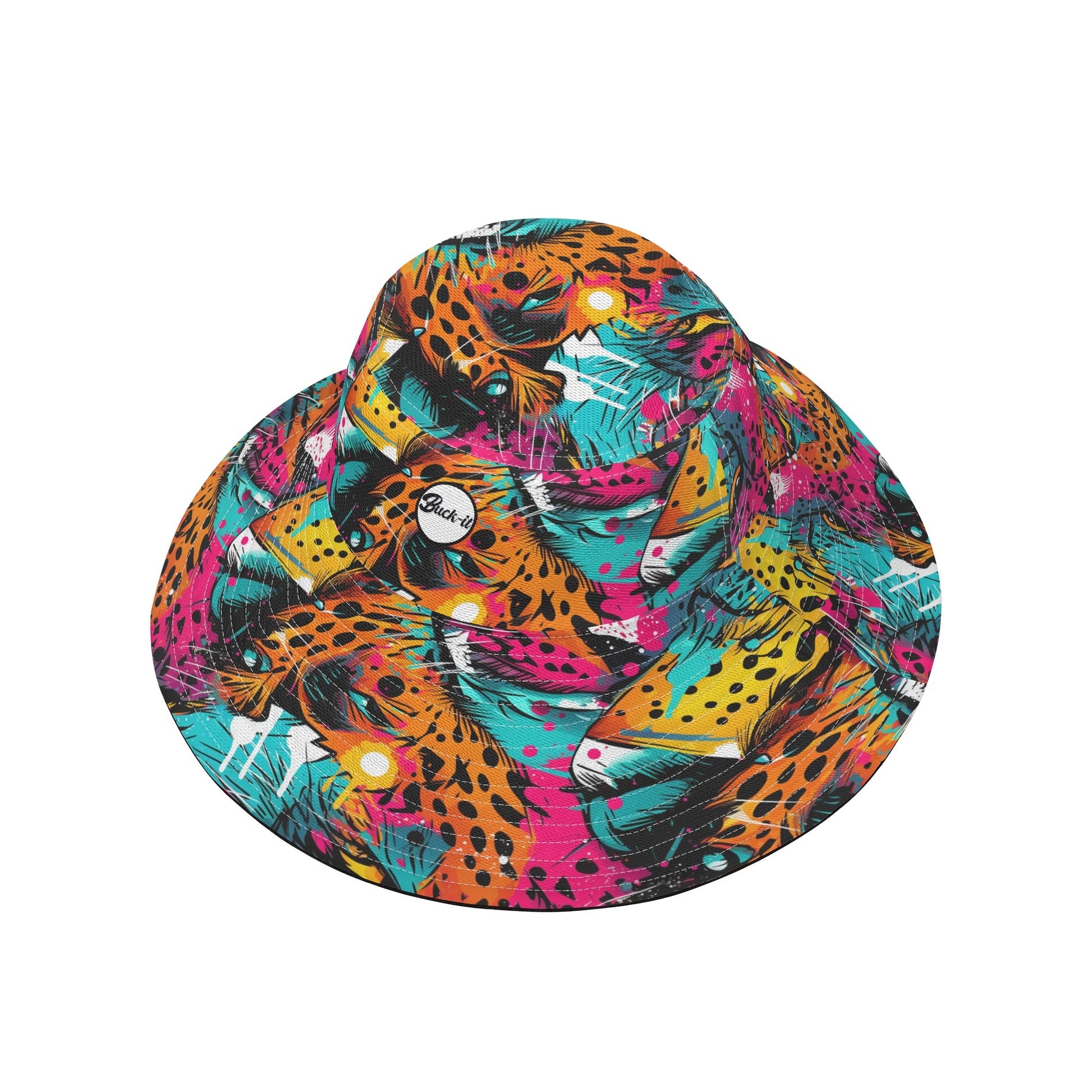 "ShitHot Buck-it Hat - Wild Leopard features an edgy leopard print, breathable and packable, with UV protection for outdoor fun."