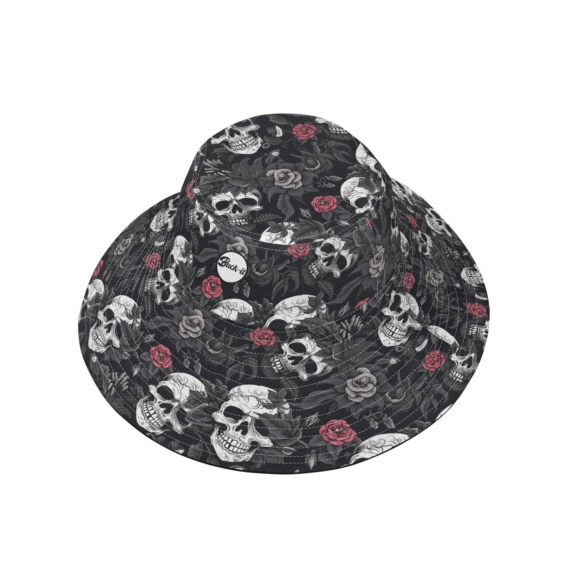 "ShitHot Buck-it Hat - Skull Rebel showcases a bold skull and rose design, breathable, packable, with UV protection for outdoor use."