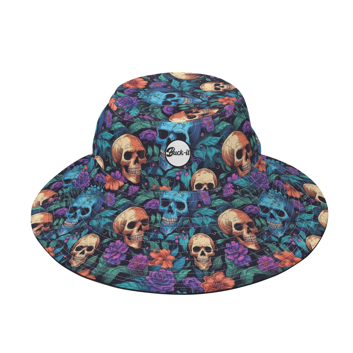 "ShitHot Buck-it Hat - Skull Garden features colorful flowers and skulls, breathable, UV protection, and is packable for activities."