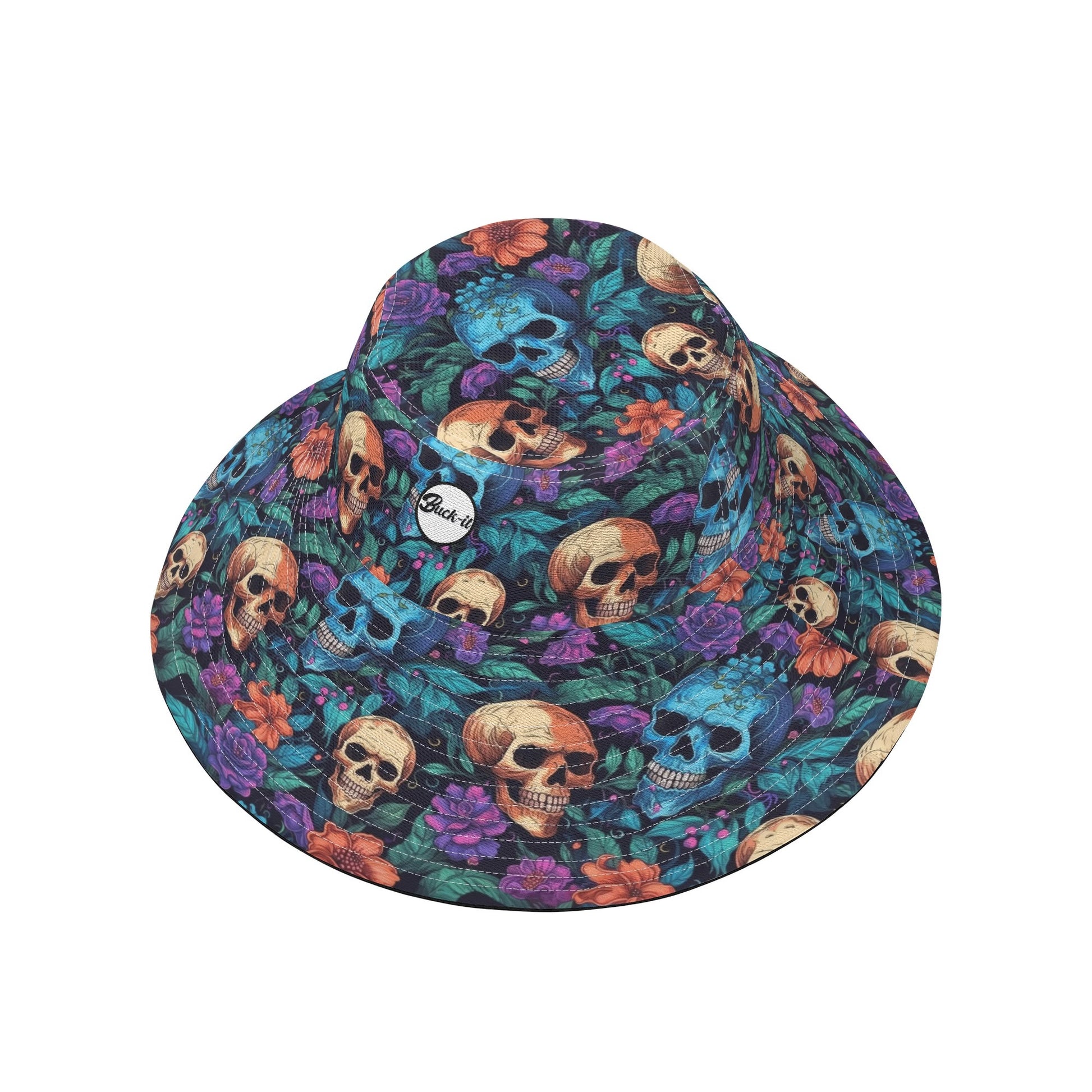 "ShitHot Buck-it Hat - Skull Garden features colorful flowers and skulls, breathable, UV protection, and is packable for activities."