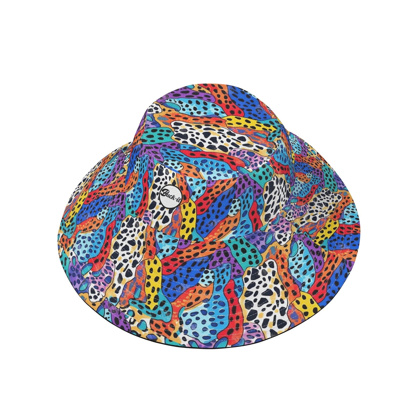 ShitHot Buck-it Hat - Wild Cheetah showcases a neon cheetah print, breathable, packable, with UV protection for outdoor adventures."