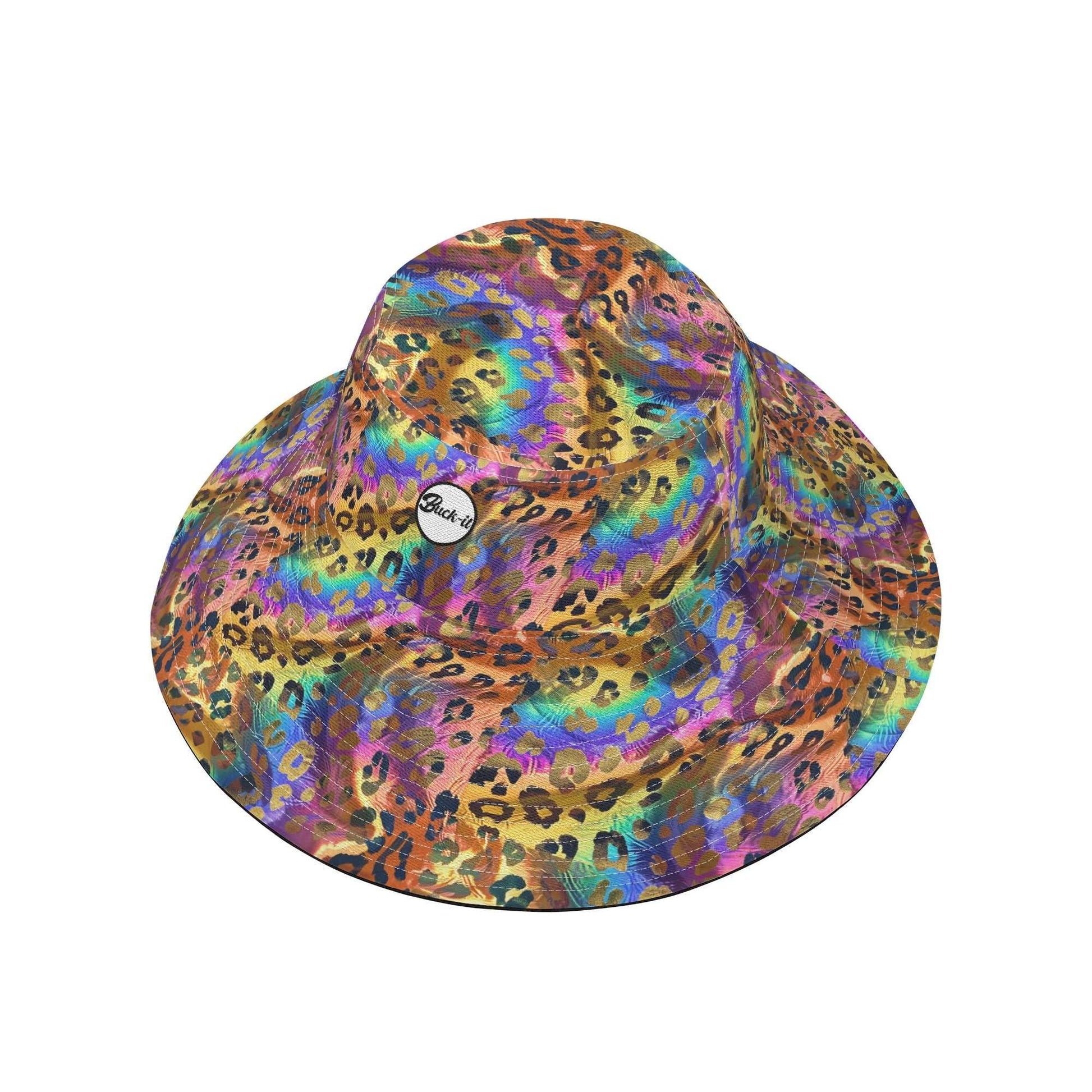 Opulent Leopard Bucket Hat featuring a mesmerizing iridescent leopard print pattern with vibrant rainbow hues and metallic gold spots on a wide-brim silhouette. Includes ventilation holes and UV protection. Women's Collection, Women's Hat Collection, ShitHot Best Sellers.