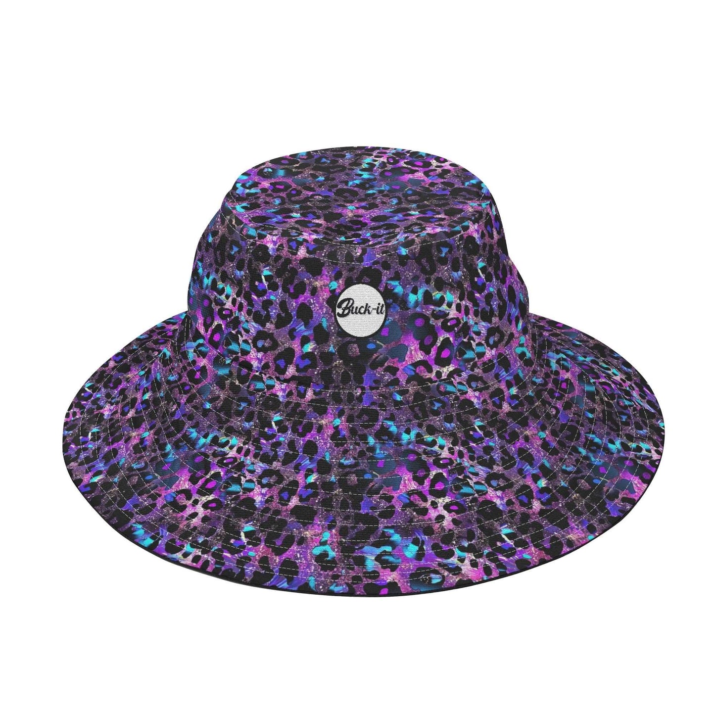 "Futuristic Leopard Buck-it Hat featuring vibrant neon blue and purple leopard print design, perfect for sunny days and outdoor adventures."