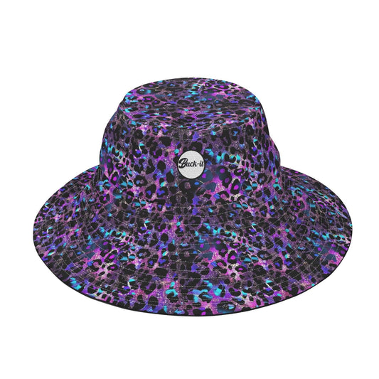 Futuristic Leopard Bucket Hat featuring vibrant neon blue and purple leopard print pattern on black background with wide brim and circular brand logo patch. Perfect for festivals and outdoor activities. Women's Collection, Women's Hat Collection, ShitHot Best Sellers.